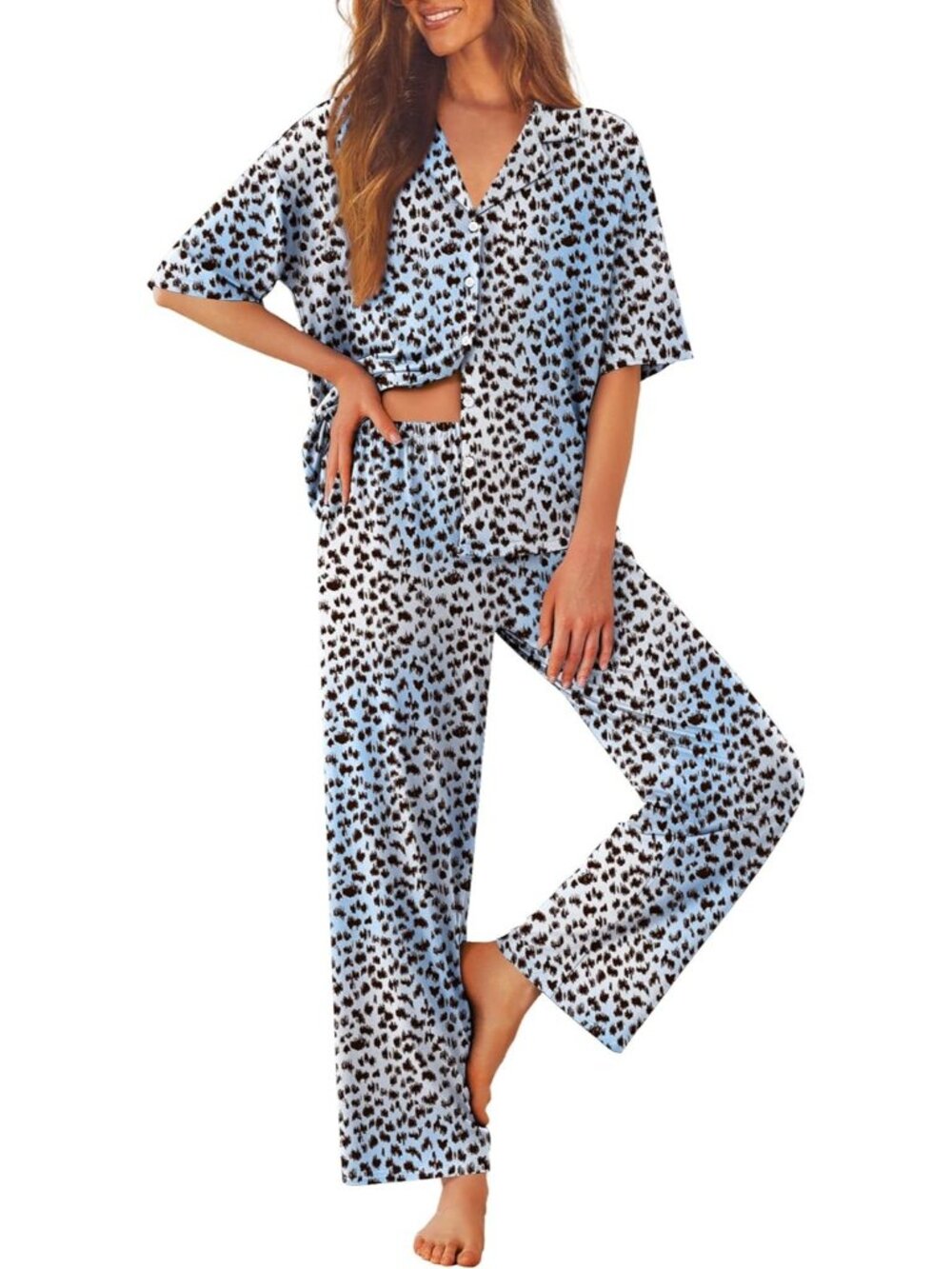 Women Blue Leopard Notch Lapel Short Sleeve Shirt Sleepwear w/ Long Pajamas Set
